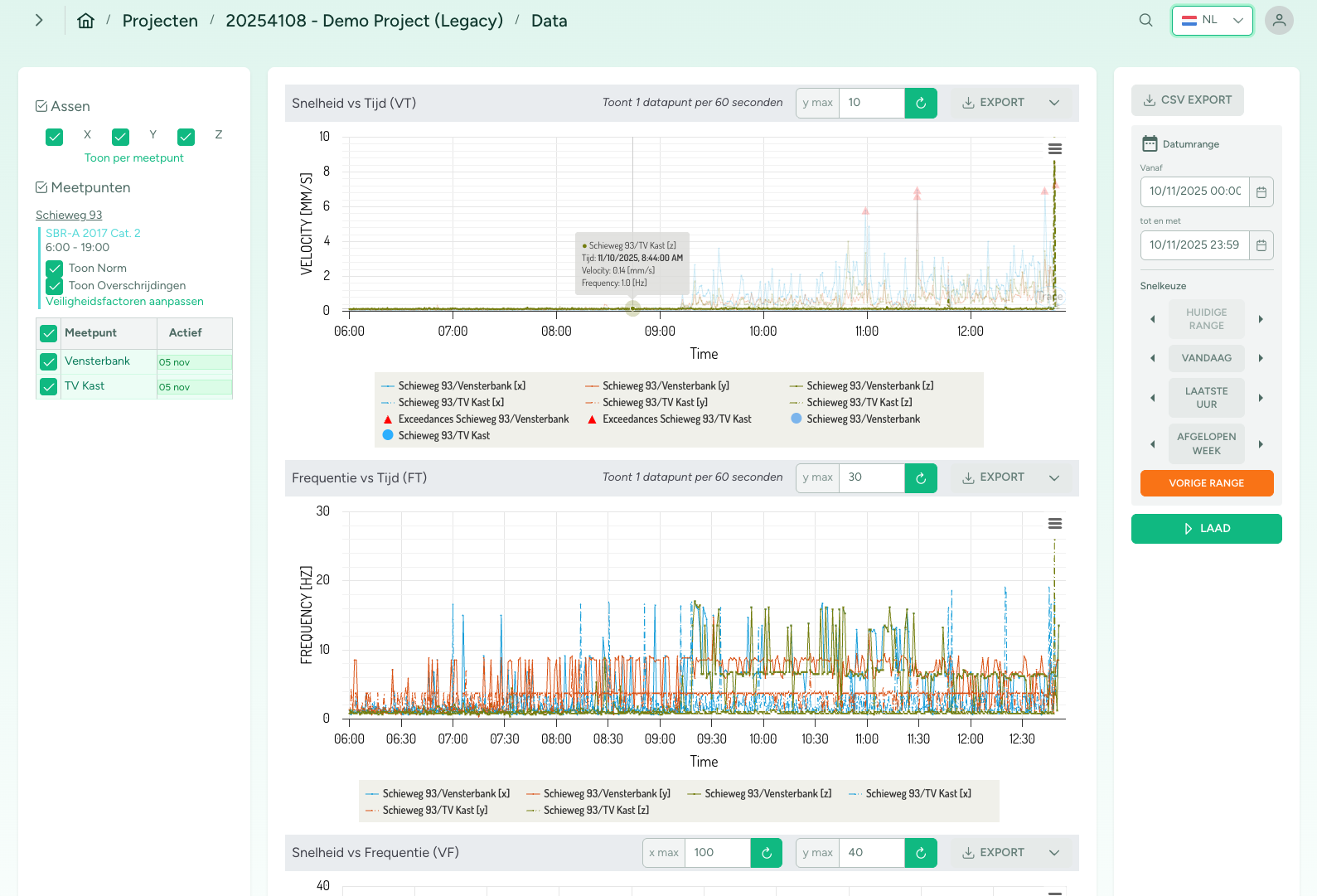 Screenshot van trillingsdata pagina waarin twee meetpunten worden vergeleken.